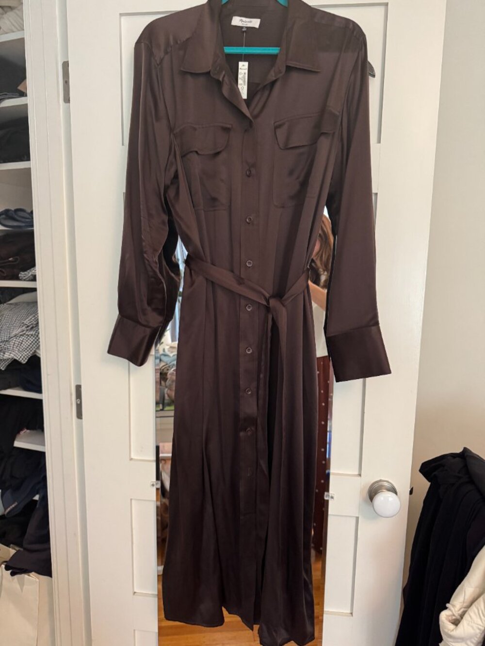 NWT Madewell 100% Silk Belted Midi Shirtdress Dark Carob Brown
